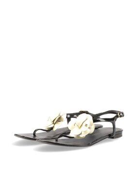Chanel Coco Mark Camellia Patent Leather Sandals 35 C Black And Ivory